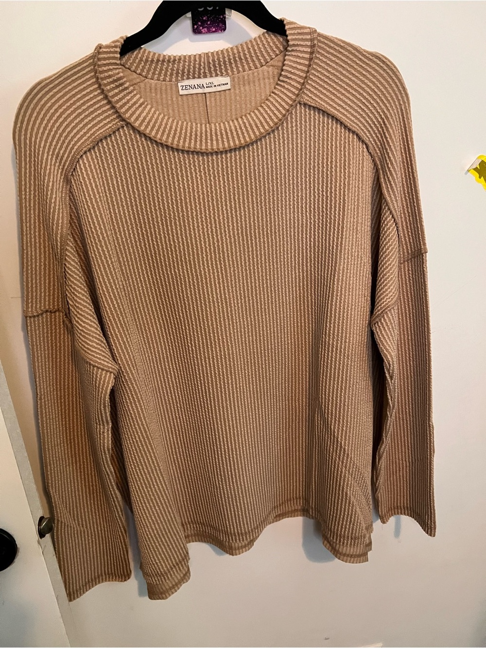 Zenana Outfitters Ribbed Crewneck Sweater - Beige Camel
